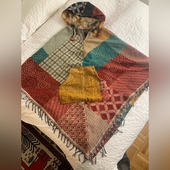 Jackets & Blazers - Patchwork Wool Hooded Poncho Cloak | Boho Festival Cape | Made in India O/S